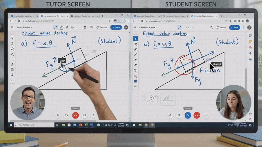 A tutor switching away from the whiteboard into a separate simulation app mid-lesson, breaking the shared context